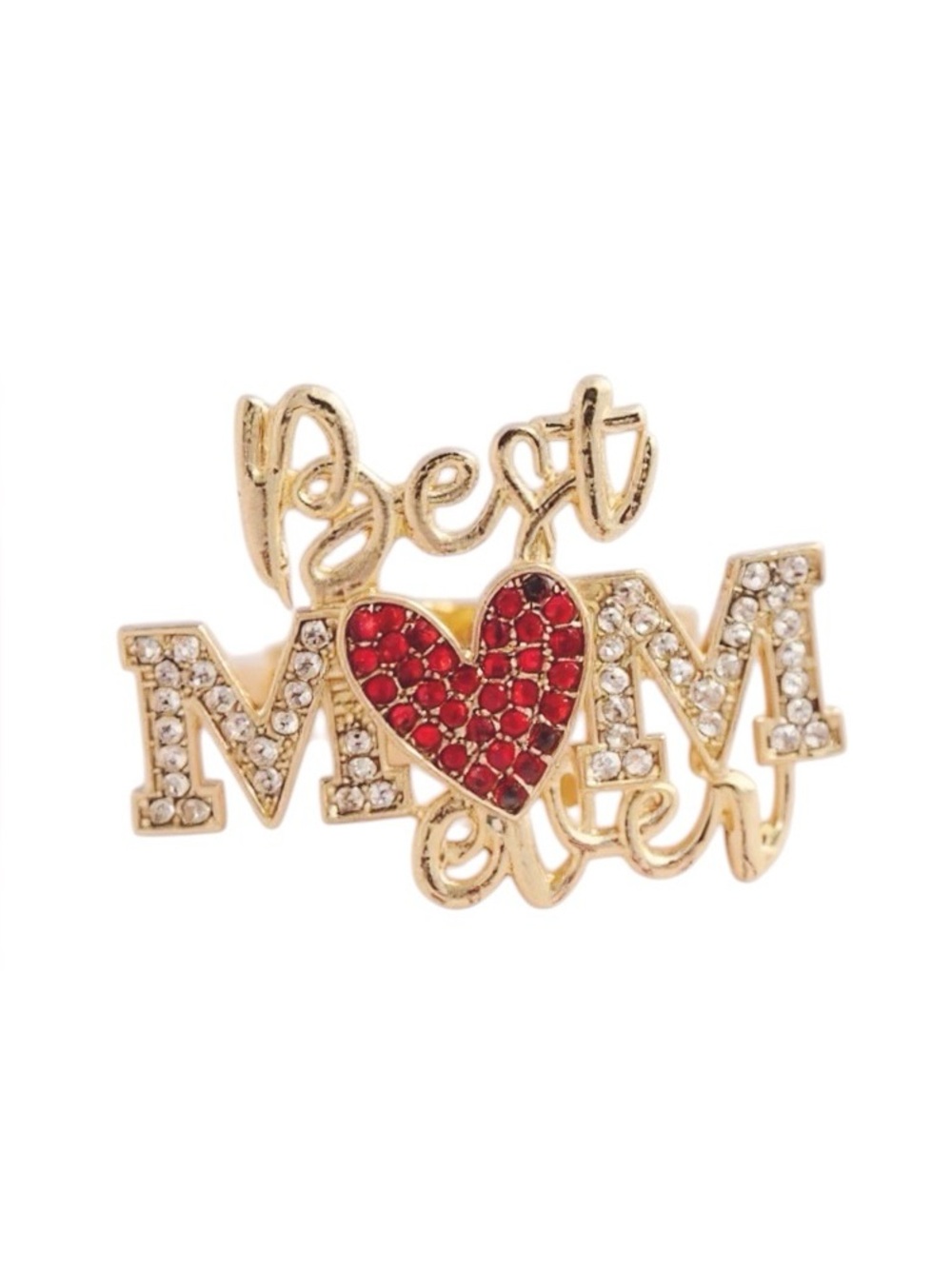 NEW Gold Best Mom Ever Allover Rhinestone Red Heart 1.5" Brooch Pin Mother's Day